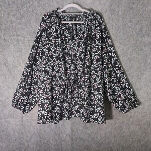 Lane Bryant Tunic Plus 26/28 Floral Crepe Button Ruffle Embroidered Cottage Core